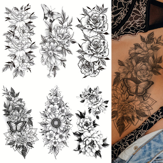 Temporary Tattoos
6pcs Black Flower Pattern Combination Of Tattoo, For Men And Women Arm Chest Tummy Back, Waterproof Simulation, Can Last For 3-5 Days Body Tattoo Sticker