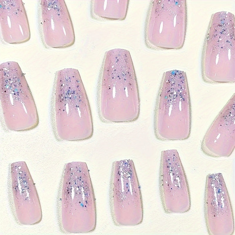 Nails
24 Pcs Glossy Medium Long Coffin Press On Nails Pinkish French Style False Nails Glitter Reusable Fake Nails Sweet False Nails