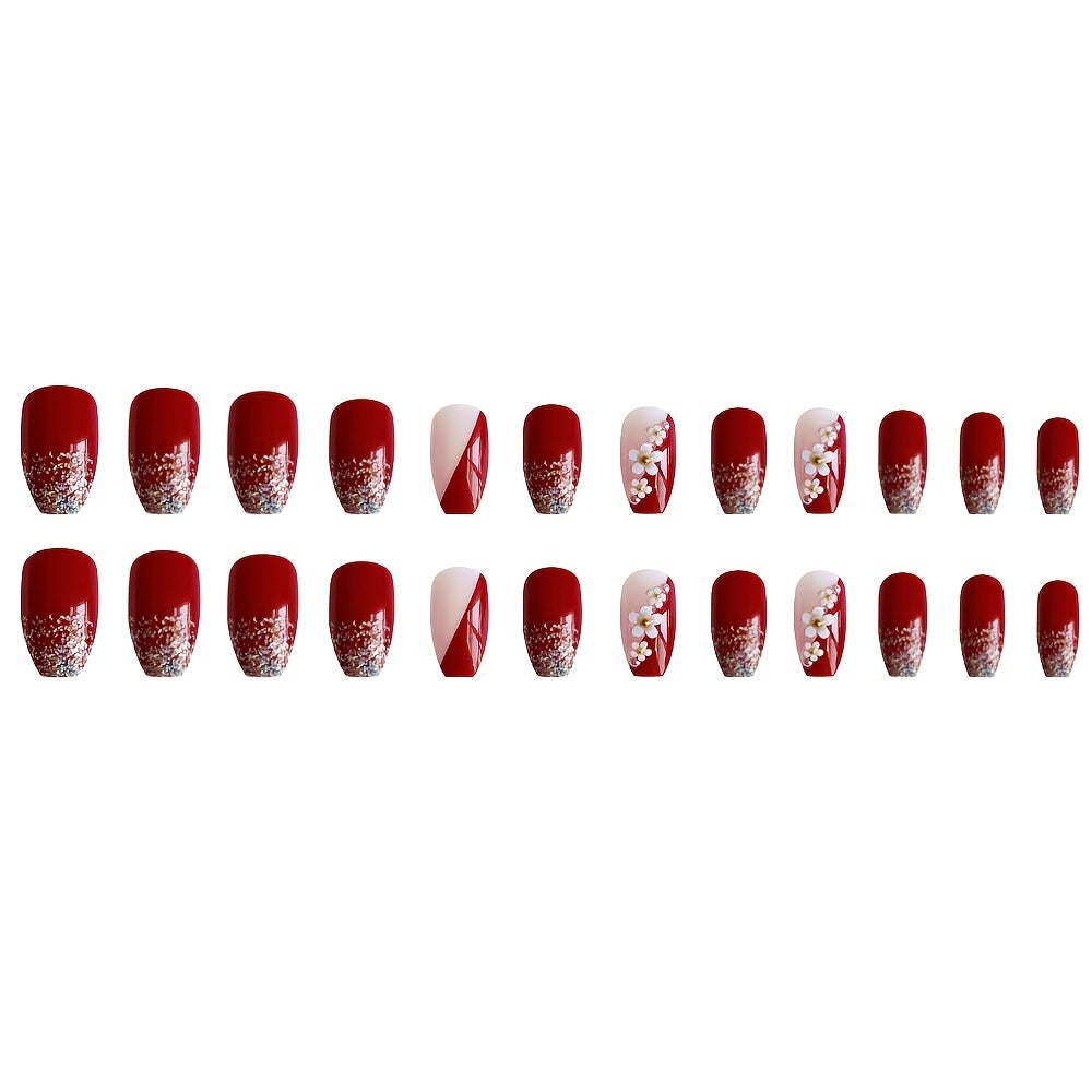 Nails
24pcs Red Press On Nails Medium, Camellia French Fake Nails, Glossy Acrylic Nails Press On Square Glue On Nails False Nails For Women