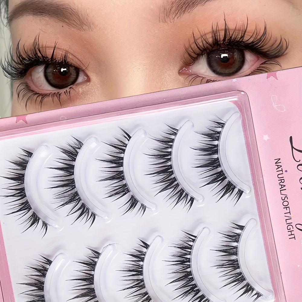 False Eyelashes
5 Pairs Comic Wheat Ear Wet Look Eyelashes With Thin Stem, Transparent Soft Stem, Comfortable For Upper Eyes, Fairy Manga Style Self-adhesive False Eyelashes