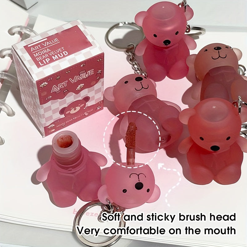 Makeup Cute Bear Velvet Lip Mud, Art Value Soft Matte Makeup Lip Glaze, Low-Saturation Shade, Frosted Tube With Keychain Design