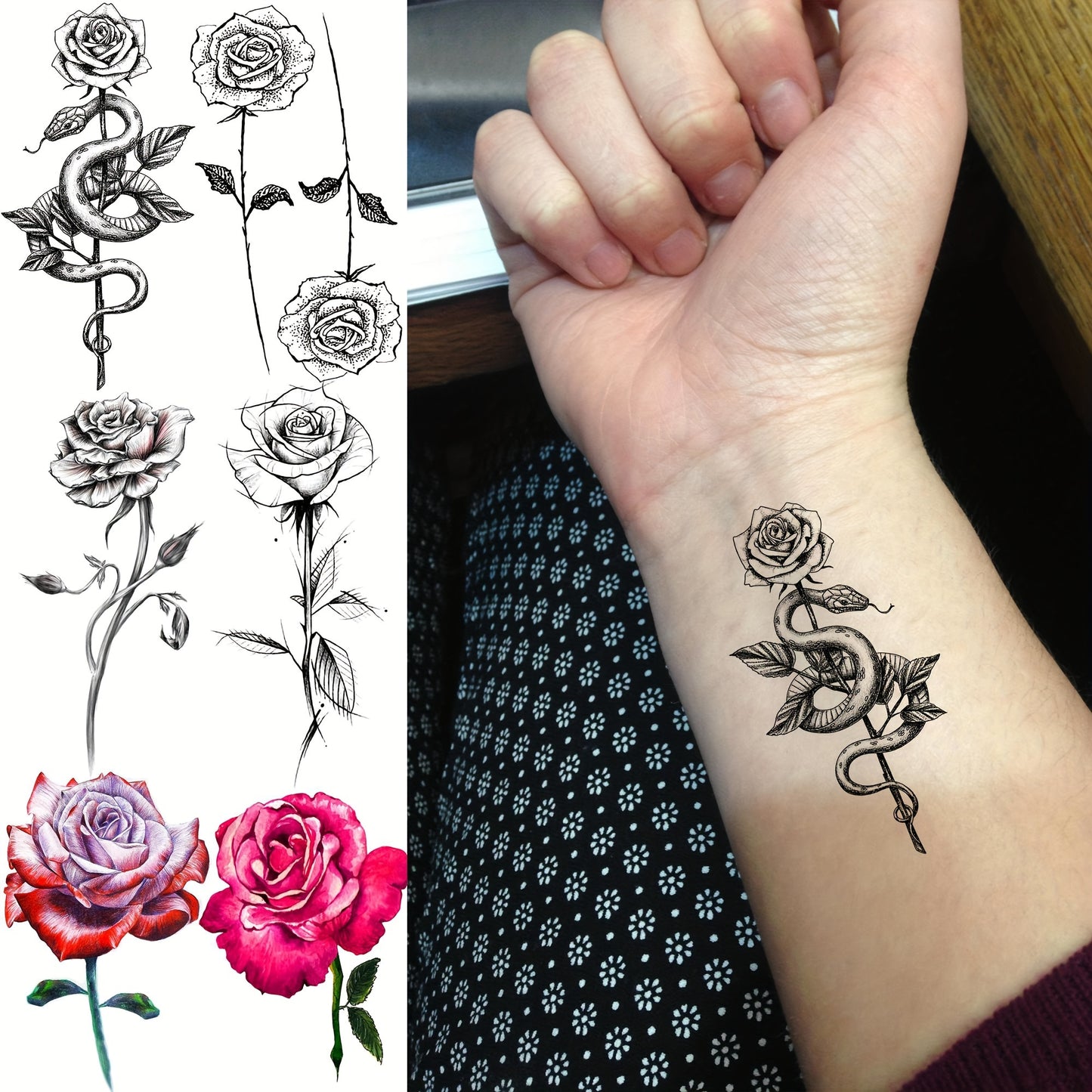 Temporary Tattoos
24 Sheets Red Rose Temporary Tattoos For Women Neck Arm Hands Legs, Waterproof Black Realistic Rose Flower Tattoo Stickers, 3D Peony Floral Body Art Fake Tattoos