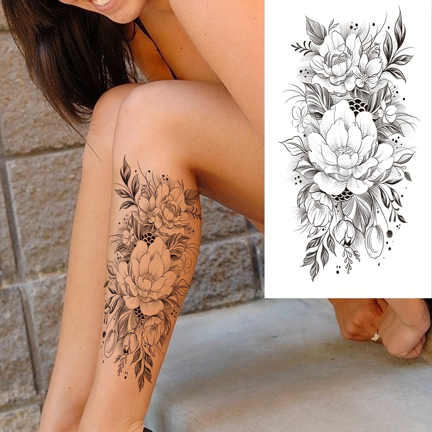 Temporary Tattoos
3D Pencil Sketch Temporary Tattoo Stickers: Lotus Flowers for Women's Arms and Adult Legs - Body Art Painting - Rectangle Shape