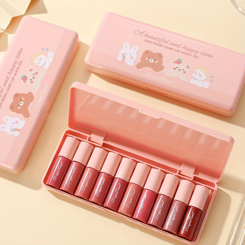 Makeup 10pcs Cartoon Moisturizing Mirror Lip Glaze Set, Waterproof Long-lasting Moisturizing Liquid Lipstick, Not Easy To Fade - The Perfect Birthday Gift, Women's Valentine's Day Gift, Gift Box