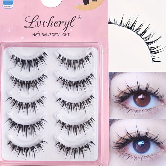 False Eyelashes
5 Pairs Comic Wheat Ear Wet Look Eyelashes With Thin Stem, Transparent Soft Stem, Comfortable For Upper Eyes, Fairy Manga Style Self-adhesive False Eyelashes