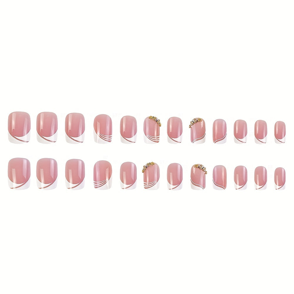 Nails
24pcs Glossy Pink Press On Nails with Rhinestone Accents and French White Edge Design - Full Coverage Fake Nails for Women and Girls