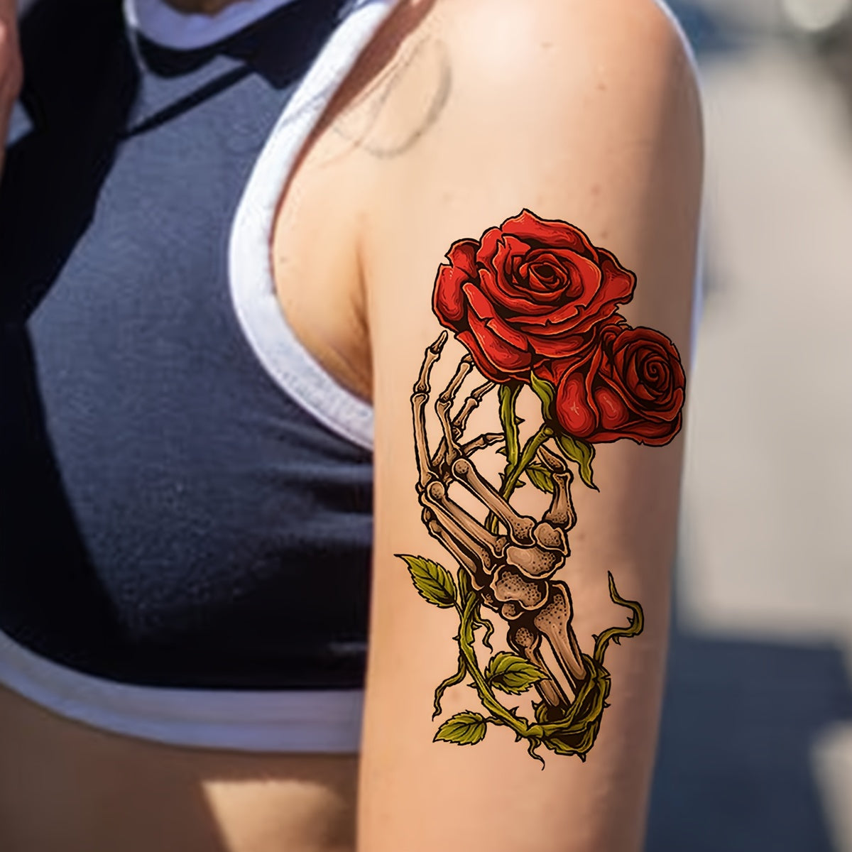 Temporary Tattoo Stickers, 1 Sheet, Halloween Cool Skeleton Hand with Roses Design, Realistic Waterproof Temporary Tattoos Lasting 1-3 Days, Oblong Shape