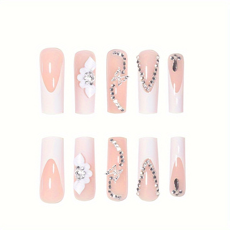 Nails
24pcs Glossy Pink Square Fake Nails, Long White French Tip Press On Nails With 3D Embossed Flower And Butterfly Rhinestone Design, Sweet Cool Y2K False Nails For Women Girls