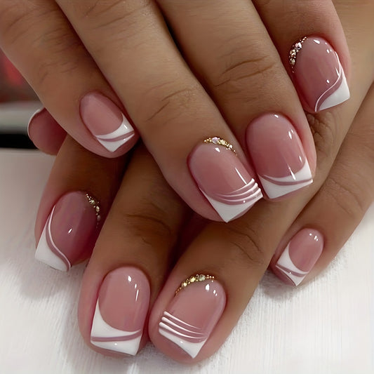 Nails
24pcs Glossy Pink Press On Nails with Rhinestone Accents and French White Edge Design - Full Coverage Fake Nails for Women and Girls