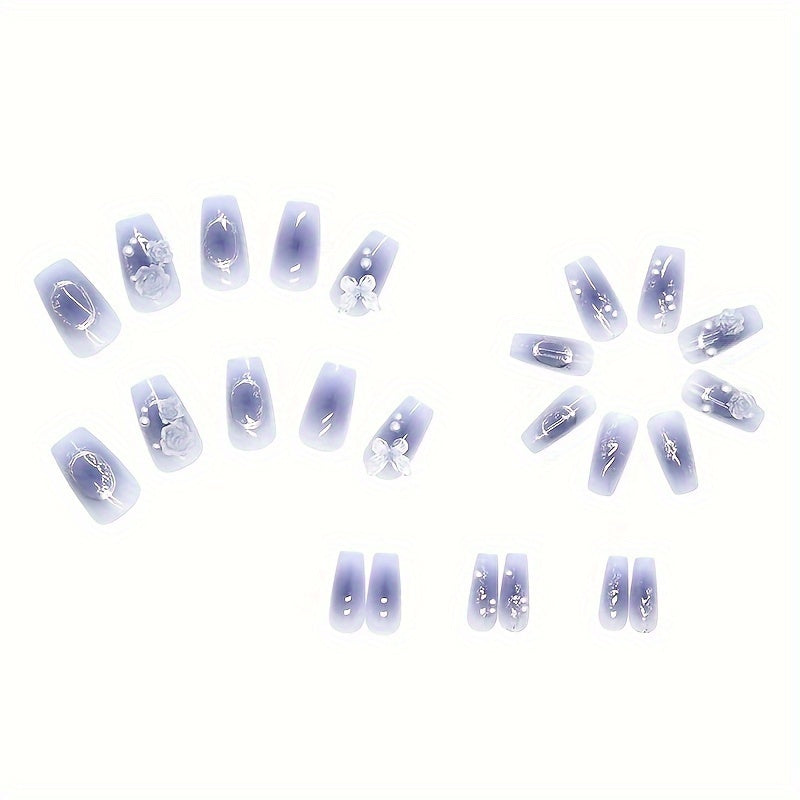 Nails
24pcs Blue Smudged Press On Nails, Beautiful Butterfly, Flower And Faux Pearls With Design Sweet Glossy Long Square Ballet Fake Nails, Full Cover Acrylic Artificial Nails For Women Girls