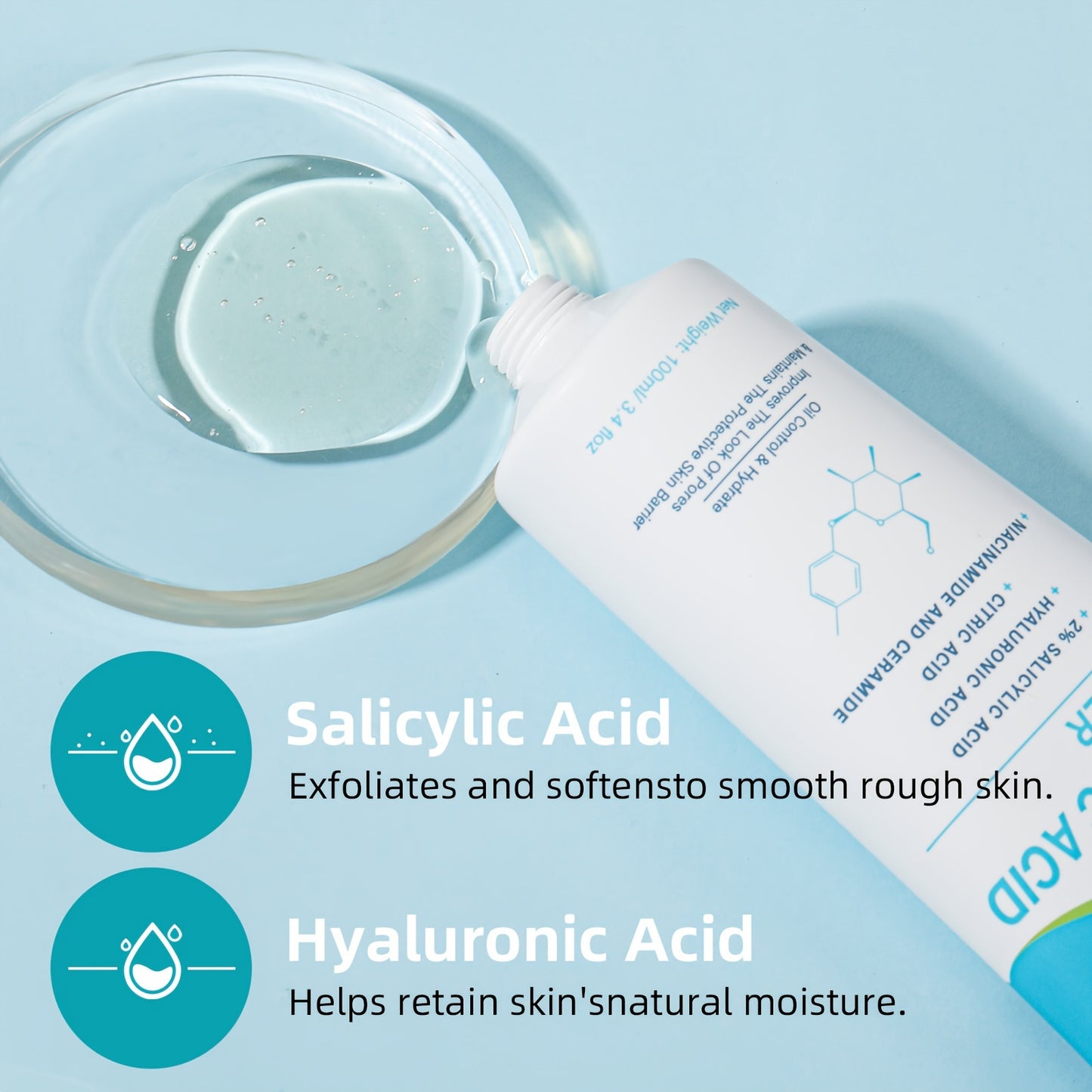 Facial care
100ml Salicylic Acid Cleanser, Deep Cleansing Skin Face Wash With Salicylic Acid, Hyaluronic Acid, Citric Acid, Niacinamide And Ceramide, Moisturizing, Oil Control, Suitable For Men And Women