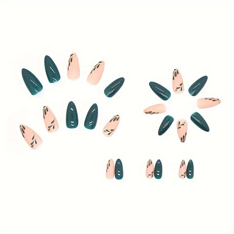 Nails
24pcs Glossy Medium Almond Fake Nails, Green Leaves And Golden Line With Design Press On Nails, Fresh False Nails For Women Girls Fall Nail Decoration