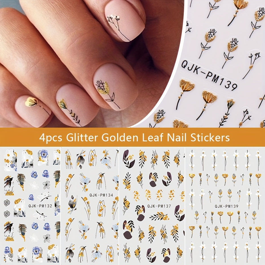 Nails
4pcs Golden Leaves 3D Nail Art Stickers Flowers Leaf Spring Summer Glitter Golden Black Line Nail Decals Nail Salon Manicure Decorations