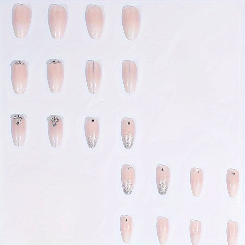 Nails
24-Piece Elegant French Glitter Almond-Shaped Long Nail Set with Handcrafted Rhinestones, Mixed Color Glossy Finish