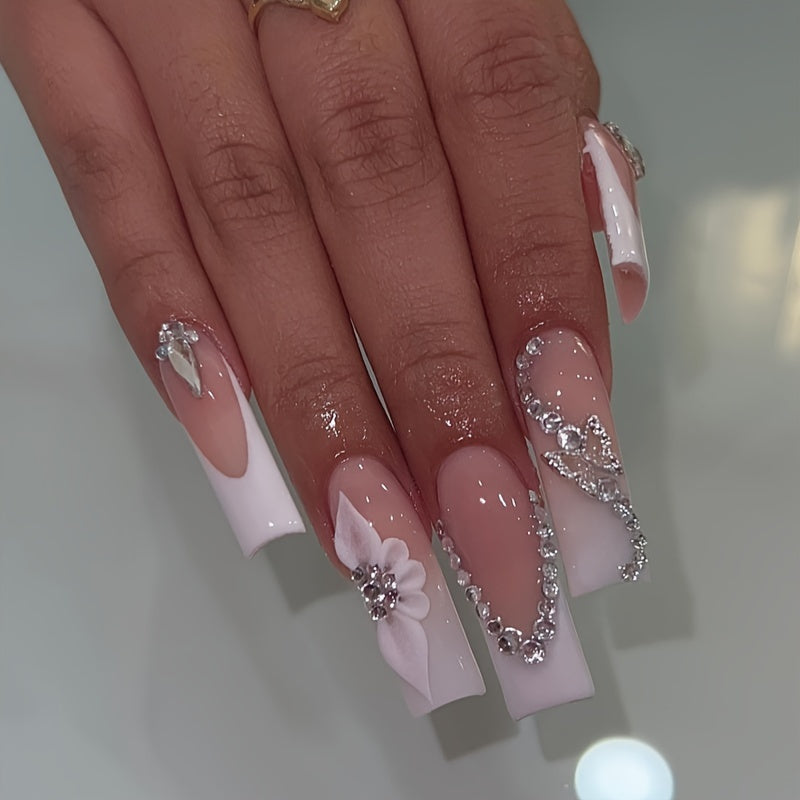 Nails
24pcs Glossy Pink Square Fake Nails, Long White French Tip Press On Nails With 3D Embossed Flower And Butterfly Rhinestone Design, Sweet Cool Y2K False Nails For Women Girls