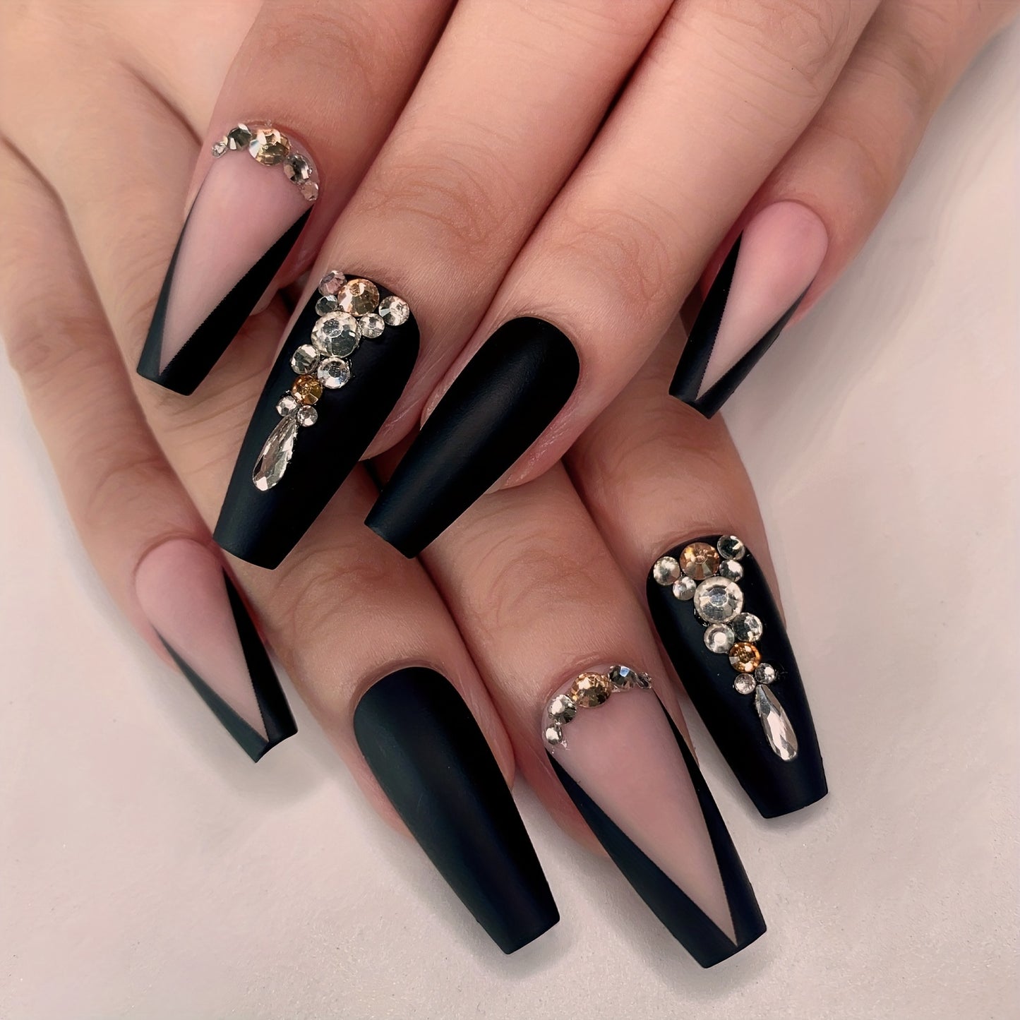 Nails
24Pcs Long Luxury Rhinestone Fake Nails Black French Tips Press On False Nails Natural Full Cover Coffin Artificial Fake Nails For Women Girls, Halloween Nails