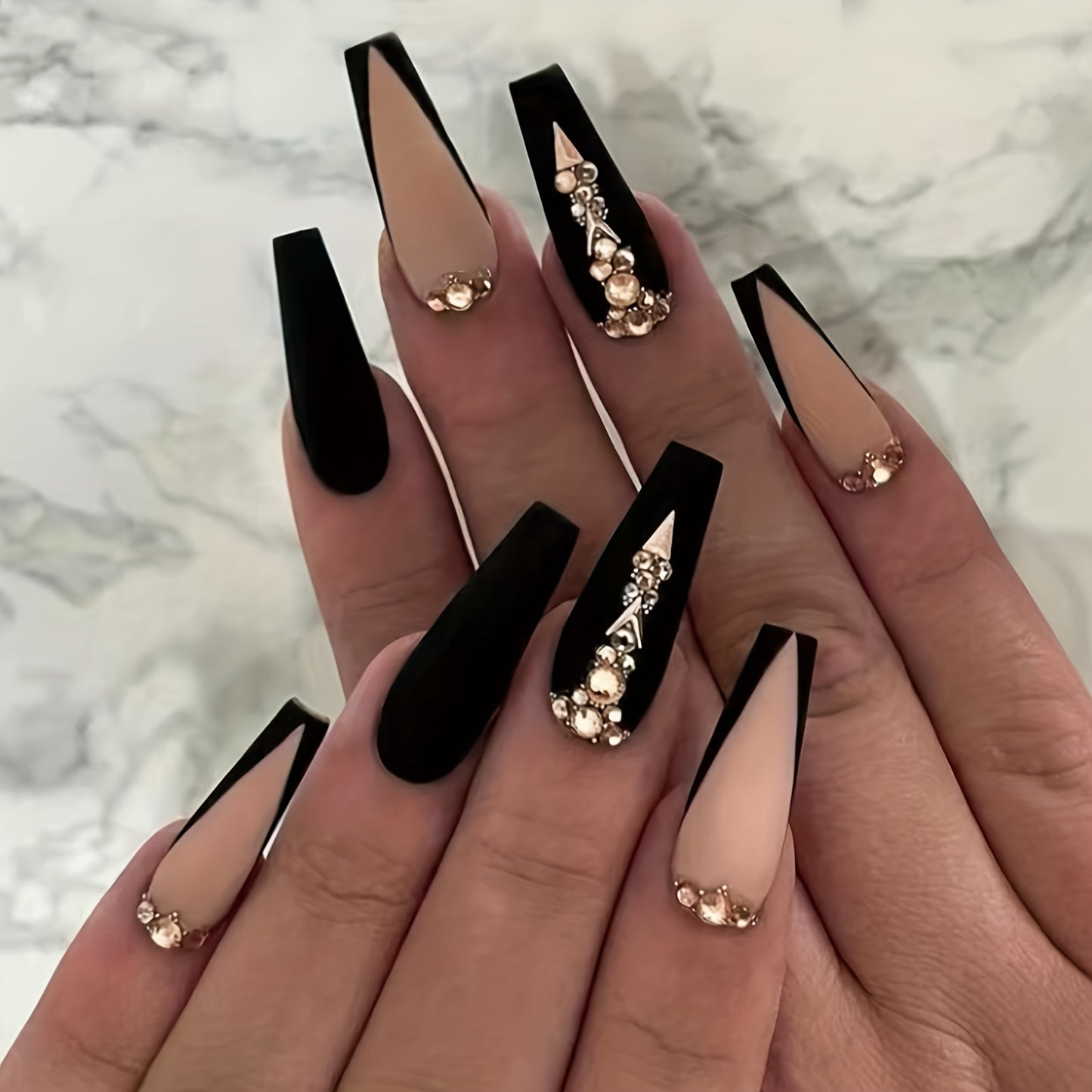 Nails
24Pcs Long Luxury Rhinestone Fake Nails Black French Tips Press On False Nails Natural Full Cover Coffin Artificial Fake Nails For Women Girls, Halloween Nails