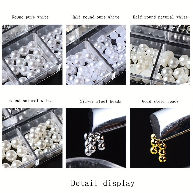 Nails
12 Grid Half Round Nail Pearls, Mixed Size Nail Caviar Bead, Flatback Nail Art Rhinestones