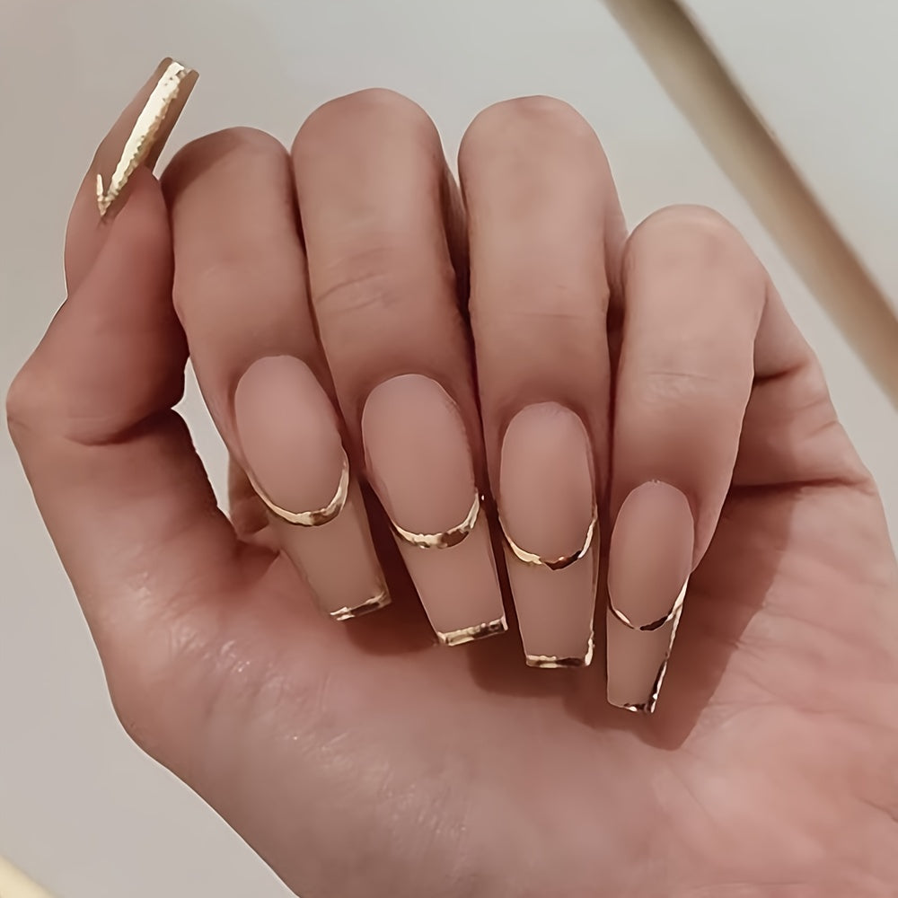 Nails
24pcs Golden Phnom Penh French Nails - Long Lasting Press On Coffin Artificial Nails for Women - Stick On Nails with Stunning Design