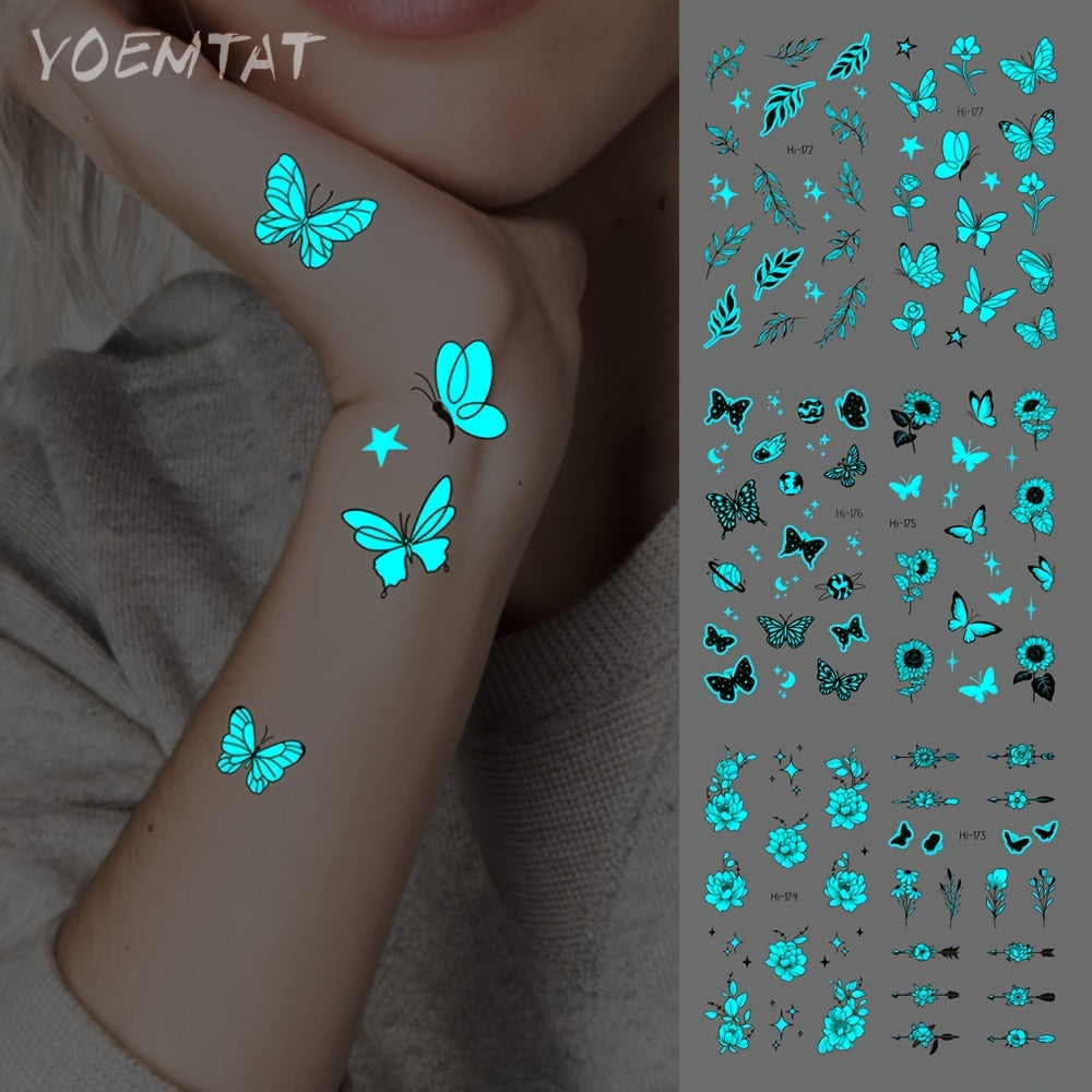 Temporary Tattoos
1pc Temporary Tattoo, Flower Branch Star Butterfly Leaves Pattern Tattoo Sticker, Luminous Glow Waterproof Temporary Tattoo Sticker, Body Art Fake Tattoos