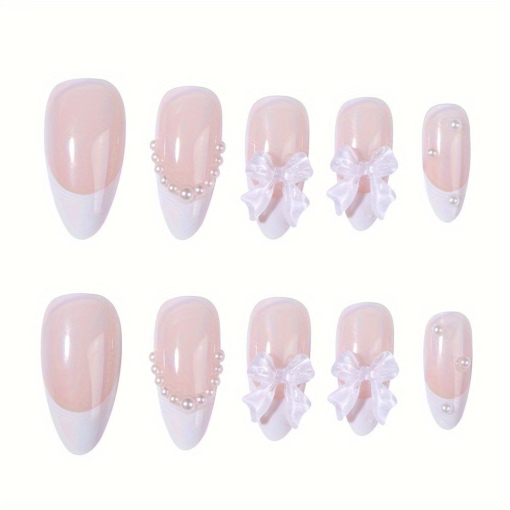 Nails
Medium Almond Press On Nails With Pearls, French Tip Fake Nails,Full Cover Bowknot False Nails For Women And Girls Including Nail File And Jelly Glue