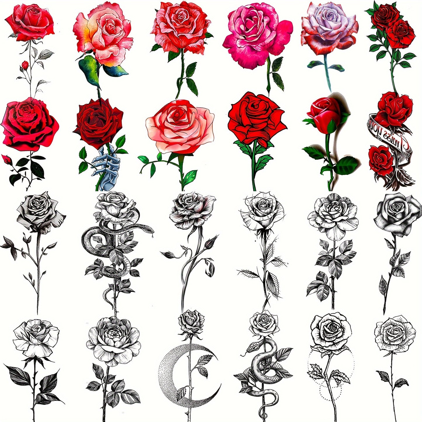 Temporary Tattoos
24 Sheets Red Rose Temporary Tattoos For Women Neck Arm Hands Legs, Waterproof Black Realistic Rose Flower Tattoo Stickers, 3D Peony Floral Body Art Fake Tattoos