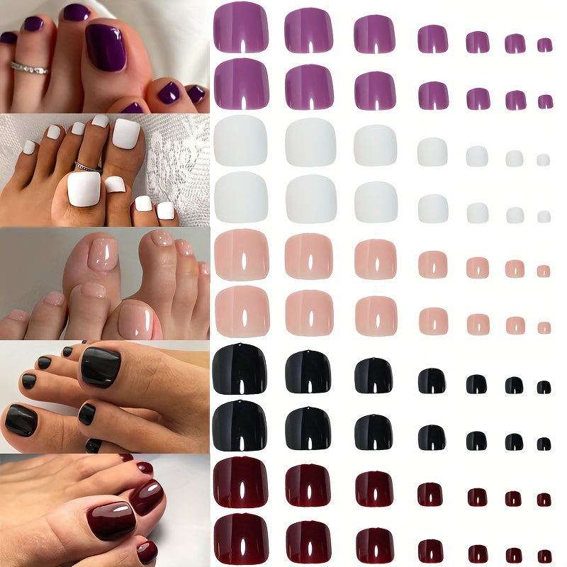 Nails
120 Pcs Press-On Toe Nails: 5 Colors, 4 Glossy, 1 Matte, Square Shape, Short Length, Solid Color Design