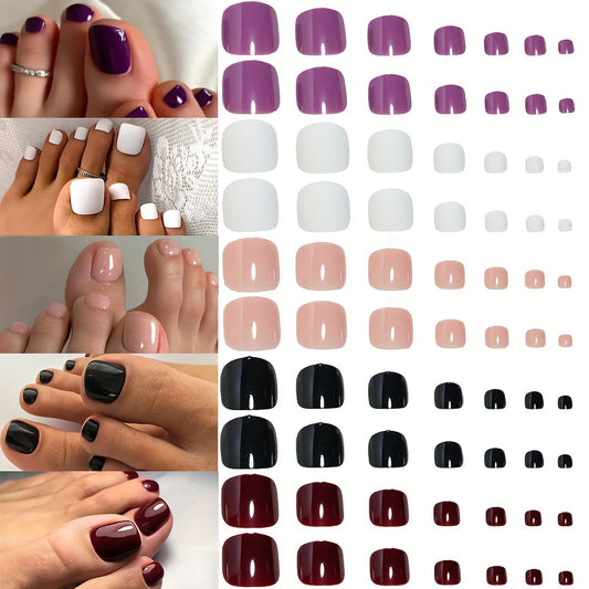 Nails
120 Pcs Press-On Toe Nails: 5 Colors, 4 Glossy, 1 Matte, Square Shape, Short Length, Solid Color Design