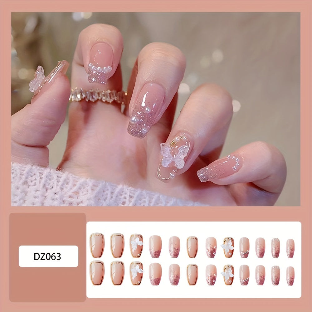 Nails
24 Pcs Glossy Short Coffin Press On Nails Pinkish Glitter Gradient French Style 3D Butterfly Fake Nails With Faux Pearls Design, Elegant Shiny Artificial Reusable False Nails