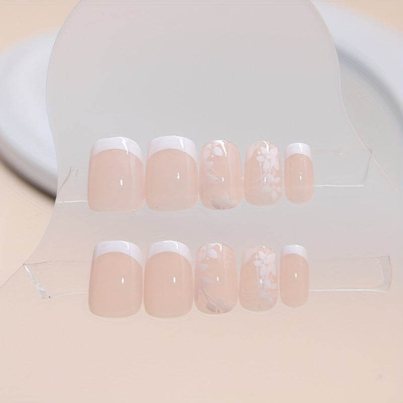 Nails
24pcs Short Square Press On Nails, White Flower Design Fake Nails, Full Cover French Tip False Nails For Women And Girls Including Nail File And Jelly Glue