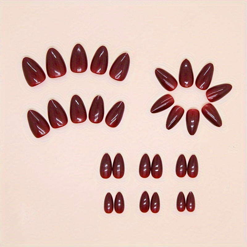 Nails
24pcs Glossy Red Press On Nails Minimalist Style Fake Nails Medium Almond Wine Red False Nails Full Cover Acrylic Nails For Women Girls Daily Wear