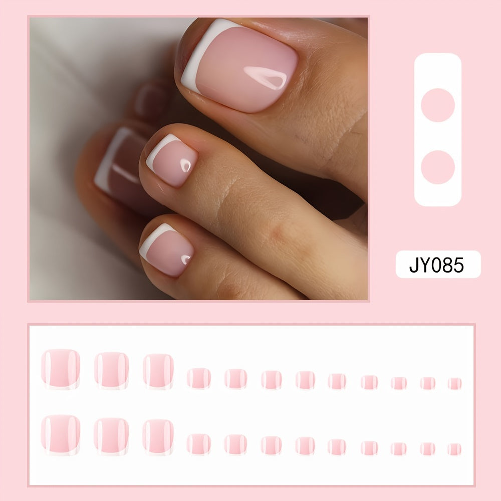 Nails
24pcs Chic French-Style Press-On Toenails - Glossy White & Pink, Reusable Square Fake Nails For Women And Girls