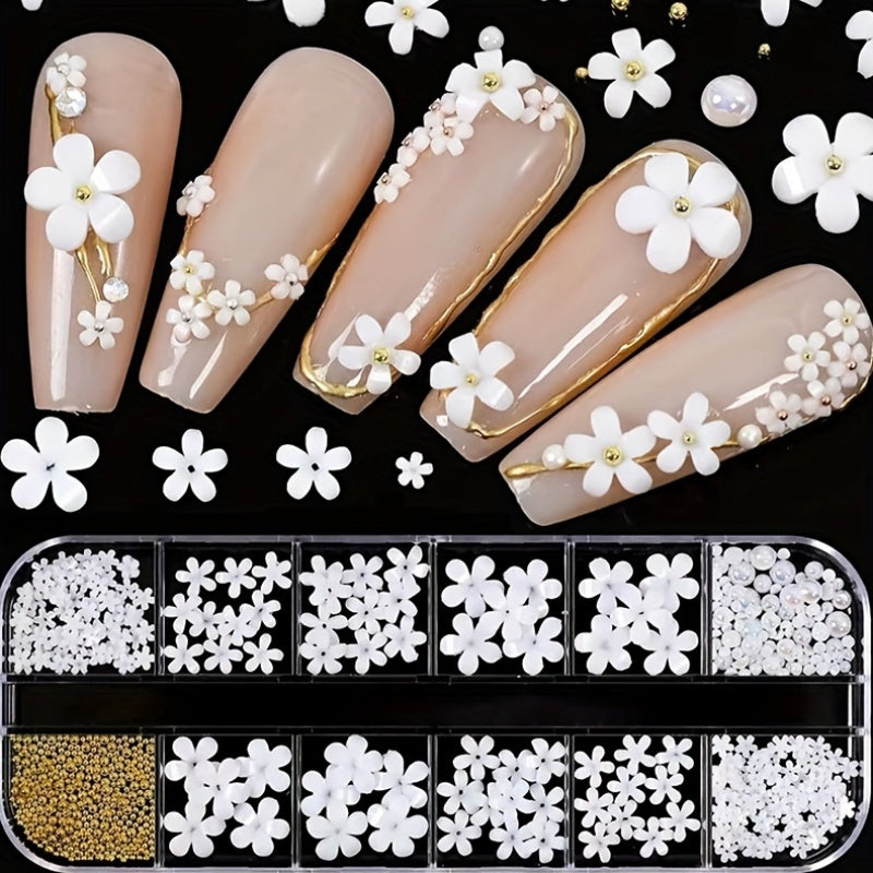 Nails
Luxurious 3D Flower Nail Charms: White Golden Rhinestones & Pearls for Acrylic Nails - Nail Accessories for Women and Girls - Nail Decorations