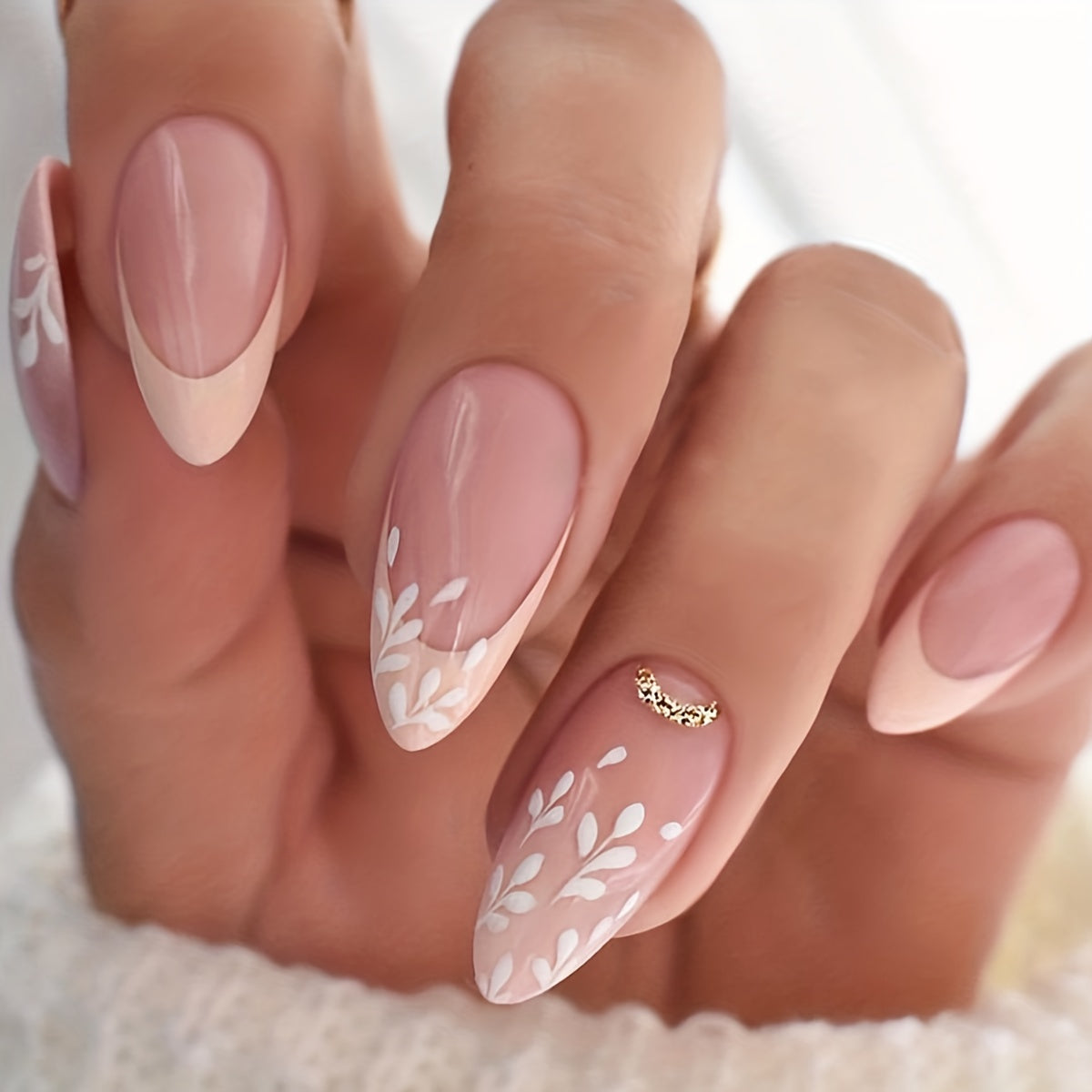 Nails
24pcs Yellow French Tip Fake Nails, Pink Press On Nails With White Leaves And Golden Glitter Design, Glossy Full Cover Medium Almond False Nails For Women And Girls