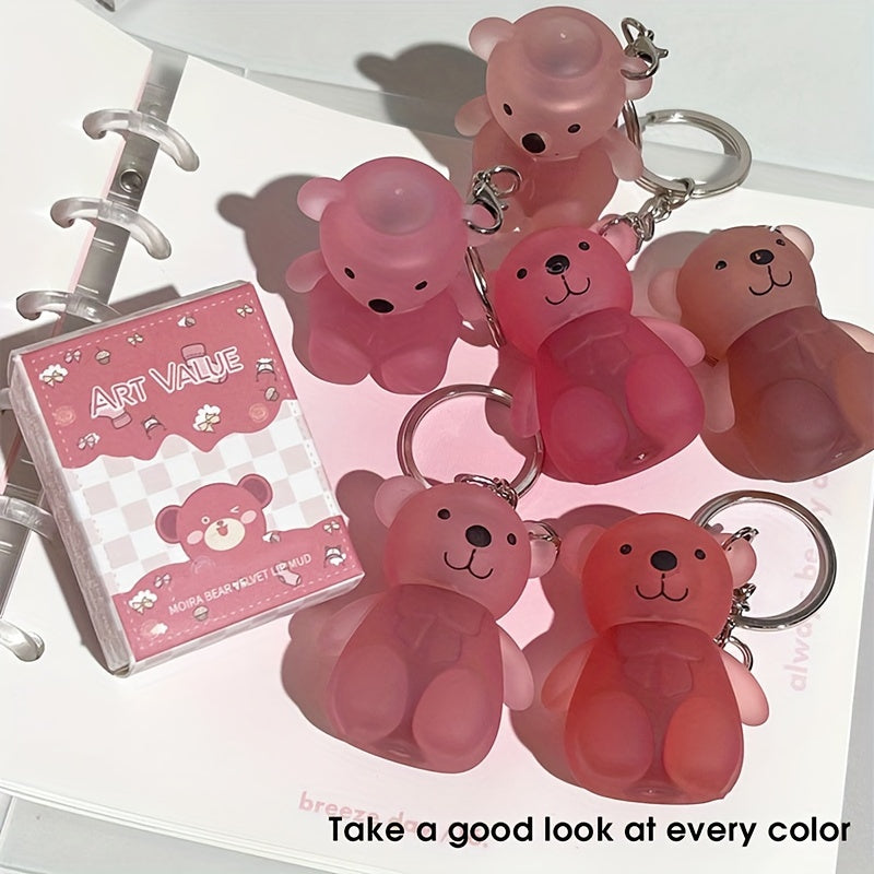 Makeup Cute Bear Velvet Lip Mud, Art Value Soft Matte Makeup Lip Glaze, Low-Saturation Shade, Frosted Tube With Keychain Design