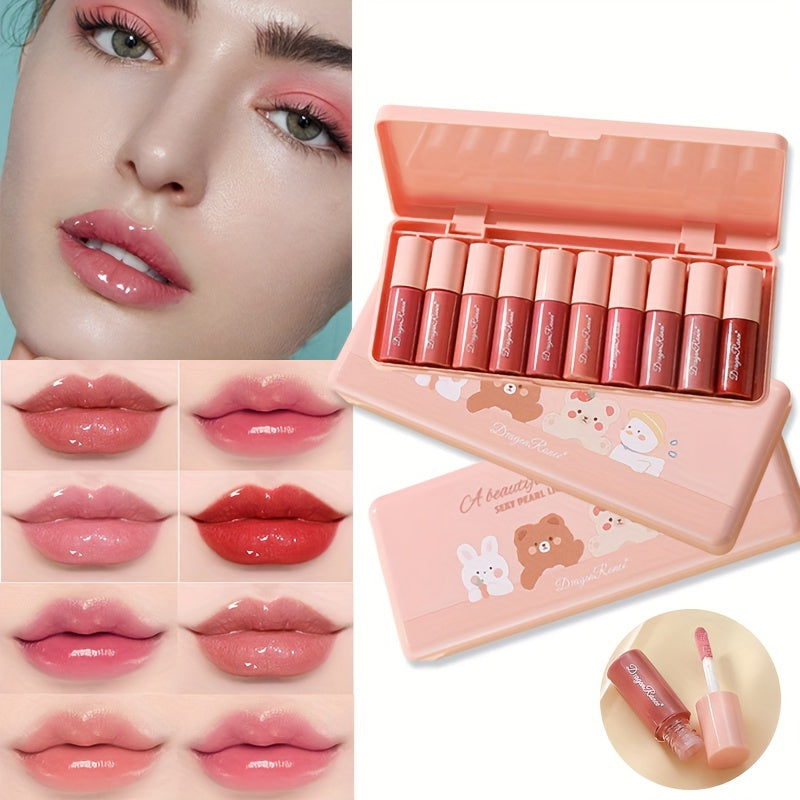 Makeup 10pcs Cartoon Moisturizing Mirror Lip Glaze Set, Waterproof Long-lasting Moisturizing Liquid Lipstick, Not Easy To Fade - The Perfect Birthday Gift, Women's Valentine's Day Gift, Gift Box