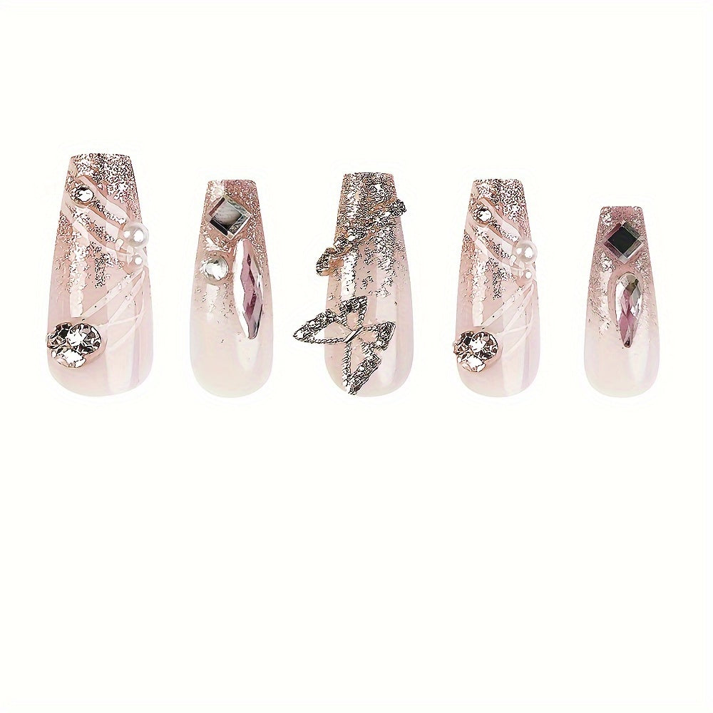 Nails
24 Pcs Pink Glitter Gradient Acrylic Press-On Nails With Delicate Butterfly Paved For Women Dating Party Fake Nails