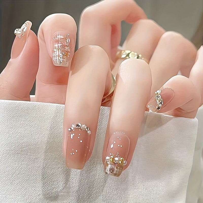 Nails
24pcs Glossy Champagne Square Press On Nails with Rhinestone Pearls - Full Coverage False Nails for Women and Girls