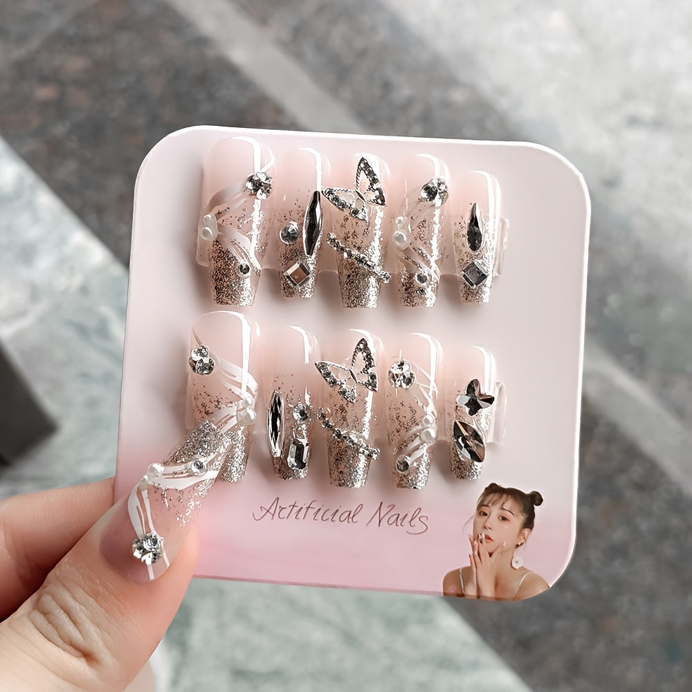 Nails
24 Pcs Pink Glitter Gradient Acrylic Press-On Nails With Delicate Butterfly Paved For Women Dating Party Fake Nails