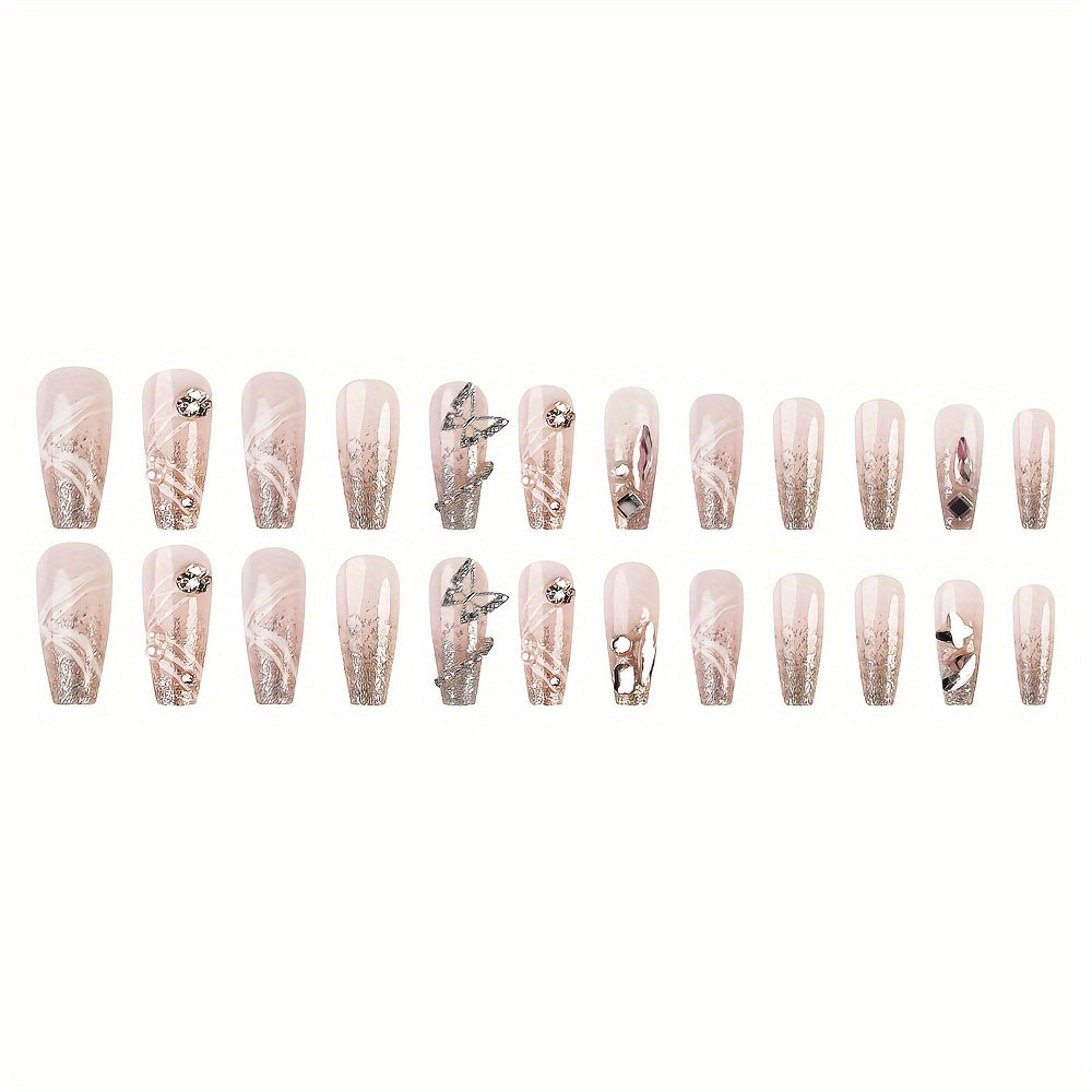 Nails
24 Pcs Pink Glitter Gradient Acrylic Press-On Nails With Delicate Butterfly Paved For Women Dating Party Fake Nails