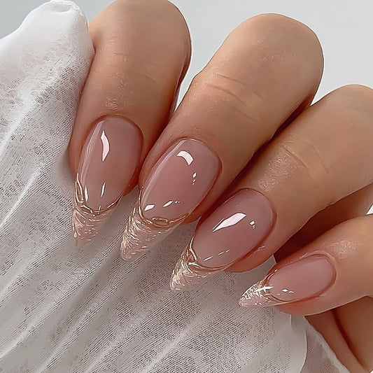 Nails
24pcs Glossy Medium Almond Fake Nails, Nude Color Press On Nails With French Tip, Holographic Laser Golden Powder Stick On Nails, Sweet Cool Full Cover False Nails For Women Girls