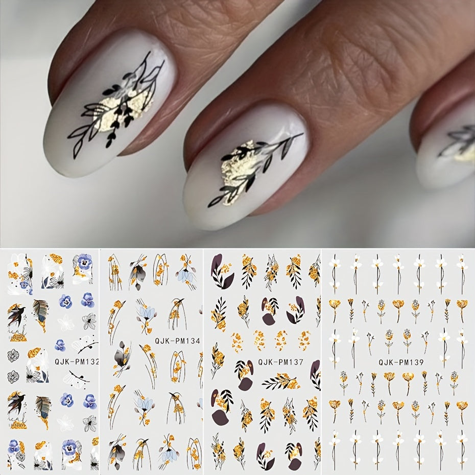 Nails
4pcs Golden Leaves 3D Nail Art Stickers Flowers Leaf Spring Summer Glitter Golden Black Line Nail Decals Nail Salon Manicure Decorations