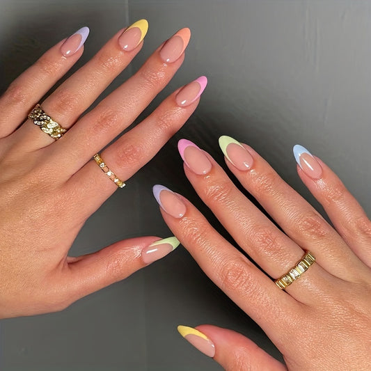 Nails
24pcs Short Oval Press On Nails, Rainbow Collection French Tip Acrylic Nails, Glossy Colorful Full Cover Acylic False Nail For Women And Girls