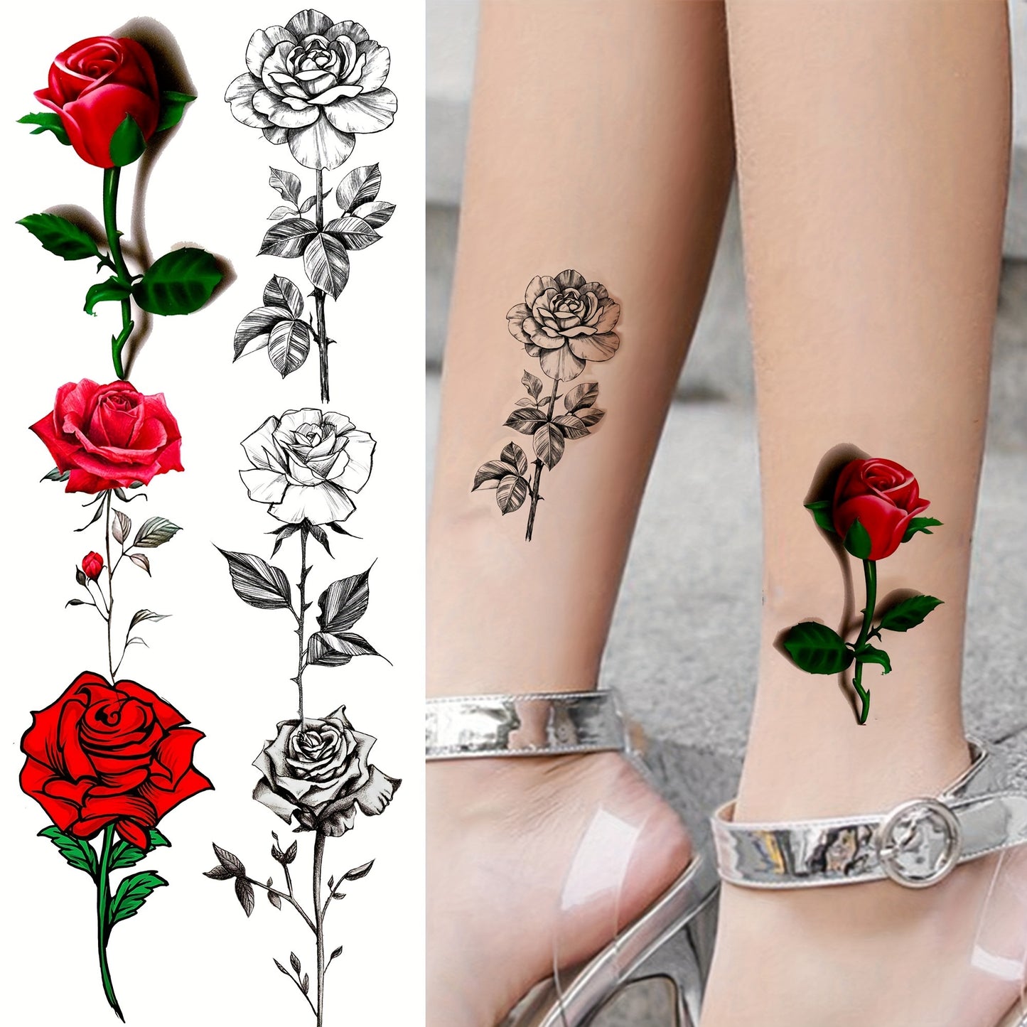 Temporary Tattoos
24 Sheets Red Rose Temporary Tattoos For Women Neck Arm Hands Legs, Waterproof Black Realistic Rose Flower Tattoo Stickers, 3D Peony Floral Body Art Fake Tattoos