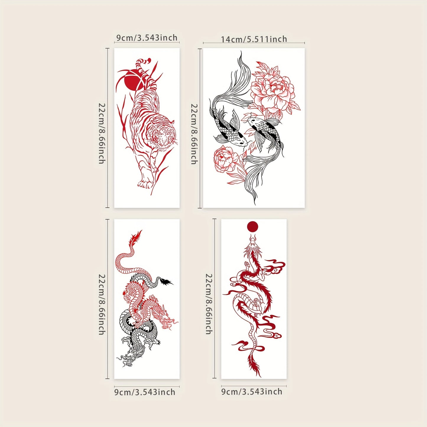 Temporary Tattoos
4 Sheets Tiger, Fish Waterproof Red Dragon And Sun And Cloud Patterns Of Temporary Tattoo Body Art For Women And Men - Lasts 2-5 Days