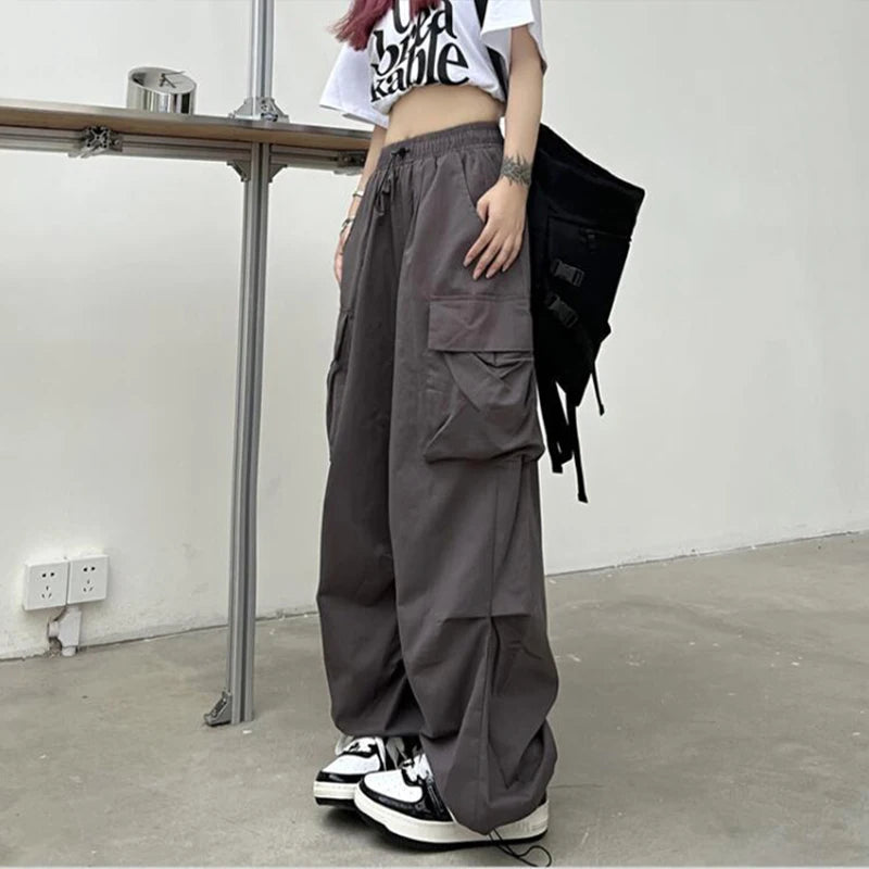 pants Women Casual Joggers Tech Pants Solid Low Waist Pants Drawstring Wide Leg Baggy Trousers Y2k Streetwear Oversize Sweatpants