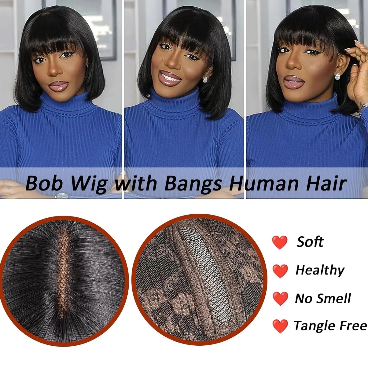 Hair Extensions and Wigs
Straight Bob Wig With Bangs Natural Short Straight Wigs For Black Women Machine Made Brazilian Virgin Hair Bangs Wigs For Women