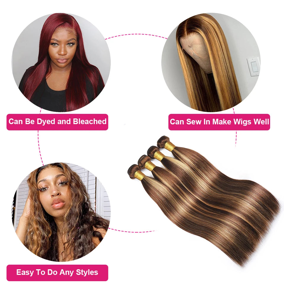 Hair Extensions and Wigs
Highlight P4/27 Hair Straight Blonde Bundles Brazilian Remy Hair Weaves Remy Human Hair Double Weft Honey Blonde 3 Bundles Hair