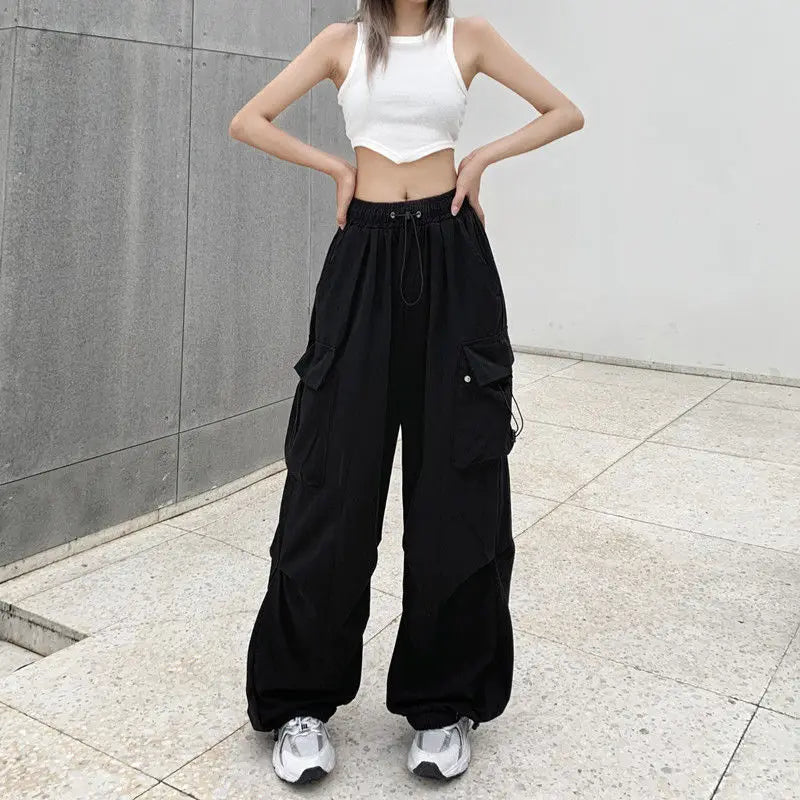 pants Women Casual Joggers Tech Pants Solid Low Waist Pants Drawstring Wide Leg Baggy Trousers Y2k Streetwear Oversize Sweatpants