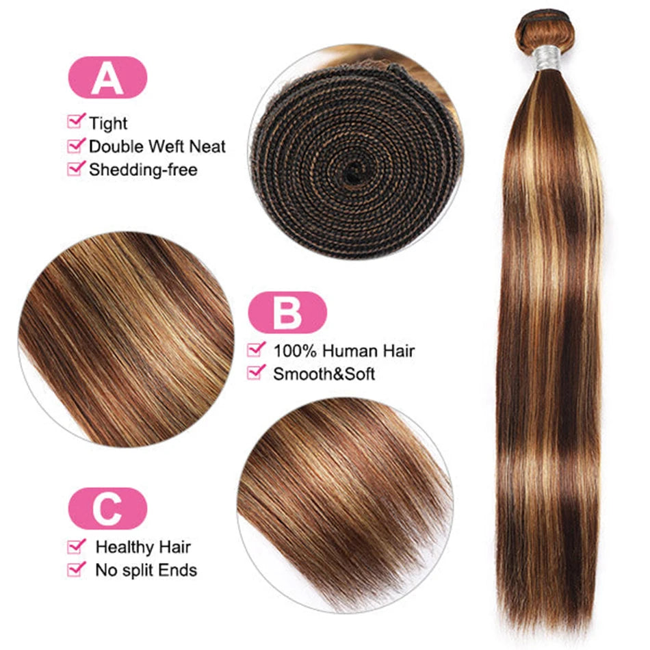 Hair Extensions and Wigs
Highlight P4/27 Hair Straight Blonde Bundles Brazilian Remy Hair Weaves Remy Human Hair Double Weft Honey Blonde 3 Bundles Hair